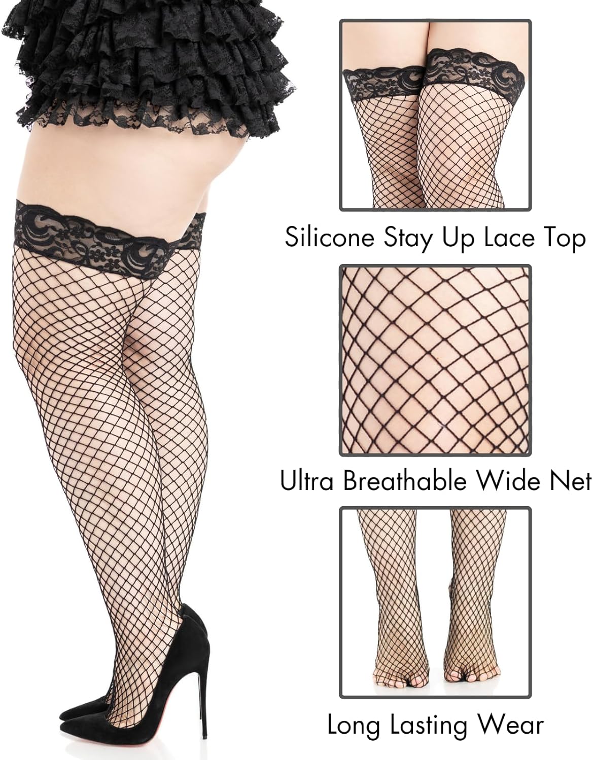 Leg Avenue Women's Industrial Fishnet Thigh Highs with Stay Up Silicone Lace Top